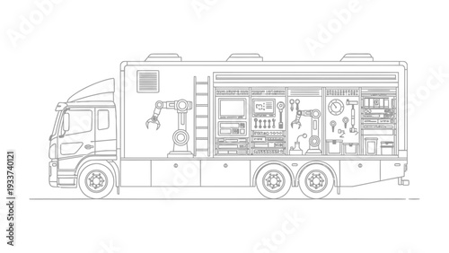 Mobile Workshop of Industry: An illustration unveils a mobile workshop on wheels, a hub of tools and technology. It provides a look into the heart of industry.
