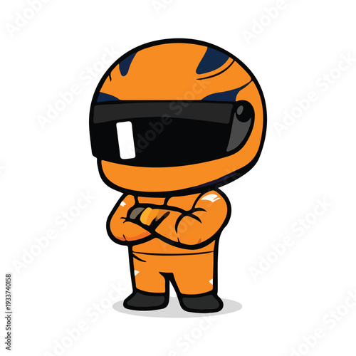 Cute Chibi Formula Racing Driver in Orange Suit Crossed Arms Flat Color Art