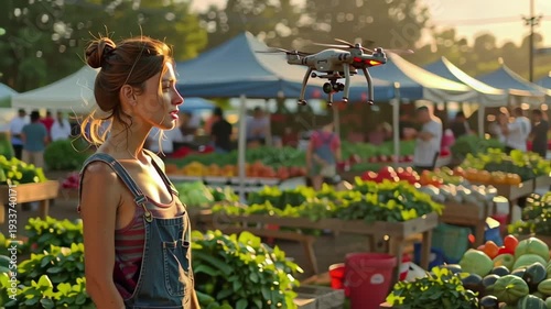 Woman watches drone at outdoor market.