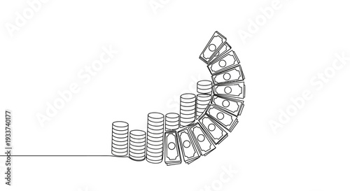 Financial Growth Curve: Money Stack and Banknotes Increasing