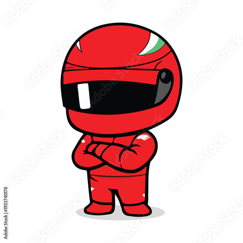 Cute Chibi Formula Racing Driver in Red Suit Crossed Arms Flat Design