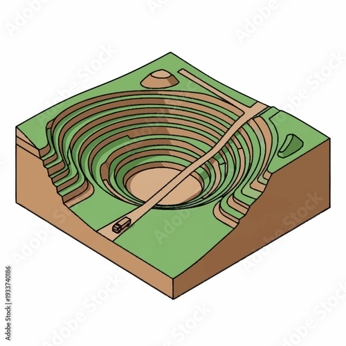 3D illustration of a spiral maze or labyrinth on a green terrain with a path.