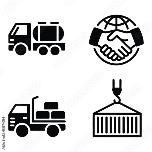 Wallpaper Mural Logistics and global trade icons: truck, handshake, shipping container, and globe Torontodigital.ca