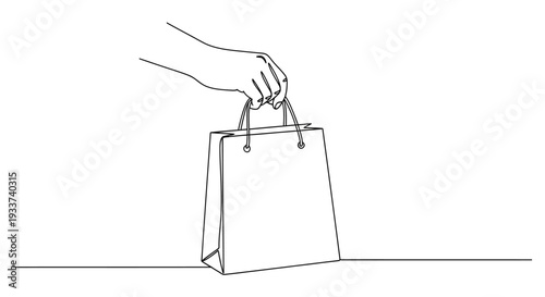 Hand holding shopping bag, minimalist line art, white background, shopping concept