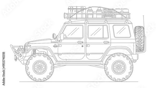 Off-road adventure vehicle outline: A detailed line drawing of a rugged off-road vehicle, fully equipped and ready for adventure, embodies the spirit of exploration and the open road.