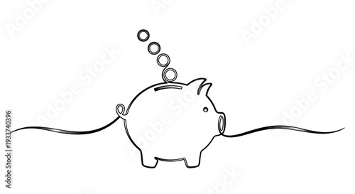 Hand-drawn piggy bank with coins dropping in, simple line art, save money concept