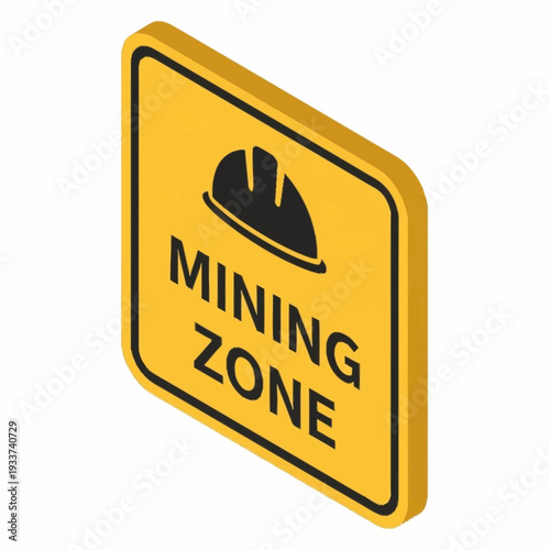 Yellow mining zone sign with hard hat icon.