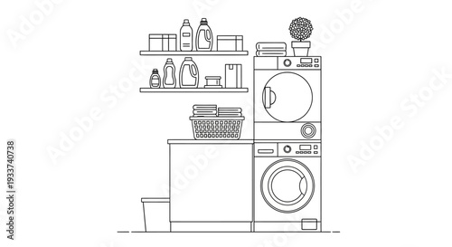 Laundry Room Line Art: Washer, Dryer, Detergent, Basket of Clothes
