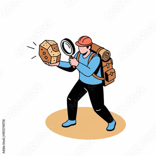 Cartoon hiker examining a puzzle piece with a magnifying glass.