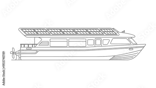 Solar-Powered Boat: An illustration of a modern boat, designed with integrated solar panels to harness renewable energy. The vessel represents a commitment to eco-friendly transport.