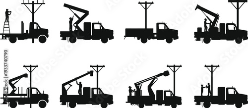 Silhouette collection of utility service trucks and electricians performing maintenance on electrical power lines, providing essential infrastructure repair and installation.