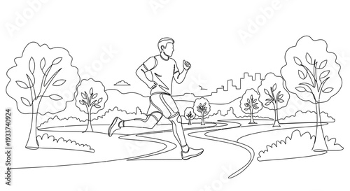 Man jogging in a park with city skyline and trees, illustration