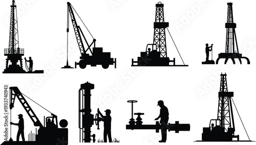 Silhouette collection of oil rig workers and drilling equipment operating in the energy industry, featuring petroleum extraction and industrial machinery.