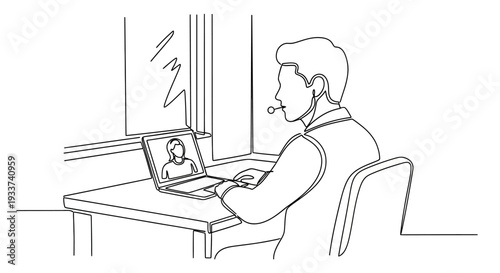 Man on Video Call with Headset at Desk