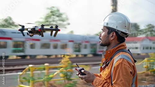 Man in hardhat operates drone train.