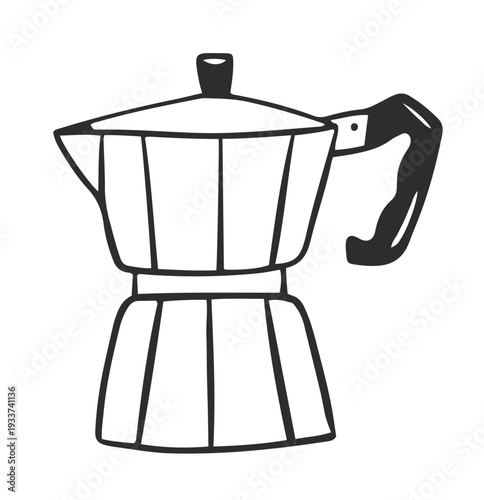 Moka pot. Geyser coffee maker. Device for coffee brewing method. Vector hand-drawn illustration in doodle style. Line art style
