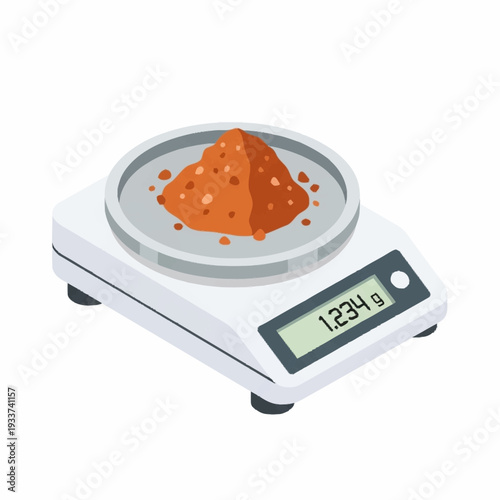 Digital kitchen scale with orange spice or herb on the weighing platform.