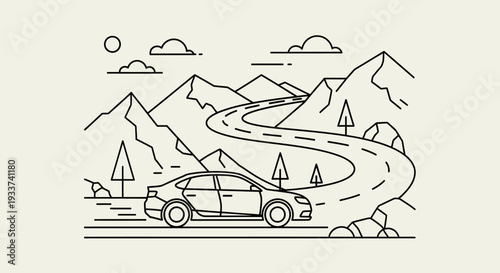 Minimalist car driving on winding mountain road, line art illustration