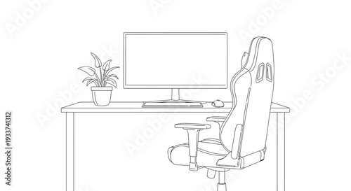 Minimalist Gaming Setup: Desk, Computer, Ergonomic Chair, Plant - Line Art