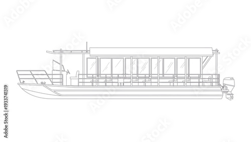 Pontoon boat Illustration: A detailed line drawing of a pontoon boat, showcasing its distinct features and design elements. Ideal for projects related to recreation, water travel, or nautical themes.