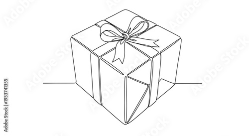 Minimalist Gift Box Drawing with Ribbon and Bow, Single Line Art