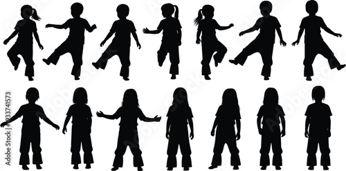 Kids Silhouettes Set With Superheroes, Karate Poses, Princesses, Singing, Photographers, Videographers, Studio Lighting Equipment, Cameras, Tripods, and Creative Childhood Play Icons.