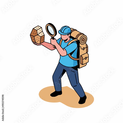 Cartoon hiker examining a rock with a magnifying glass.