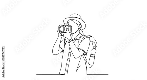 Minimalist Line Art: Woman Photographer Capturing Memories with Camera and Backpack