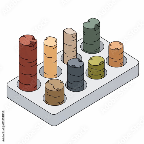 Colorful wooden disks stacked in a puzzle game on a white base.