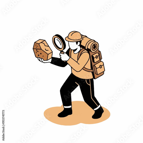 Illustration of a geologist examining a rock sample with a magnifying glass.