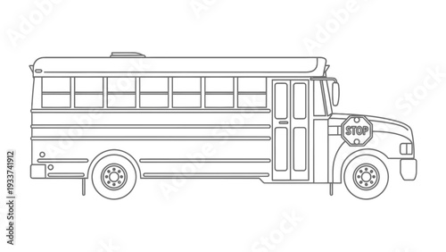 School Bus Outline: A detailed black and white illustration of a classic school bus, capturing the essence of childhood and the daily commute, perfect for educational content.