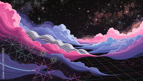 Abstract Cosmic Horizon Stylized Vector Clouds, Glowing Grids, and Nebulous Starfield Art
