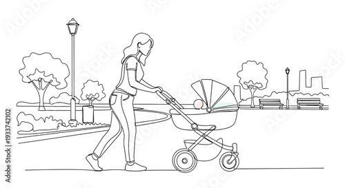 Mother pushing baby stroller in park, line drawing illustration