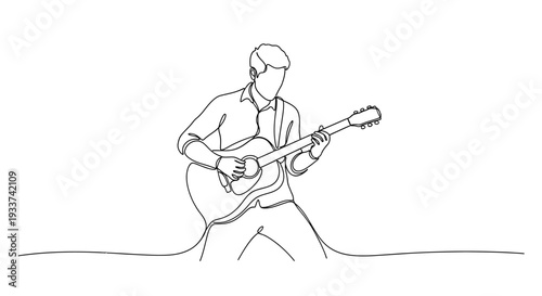 Musician playing acoustic guitar, continuous line art, minimal design, white background