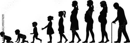 Silhouettes showing human life cycle stages from crawling baby to childhood, pregnancy, and elderly man with cane on white background.