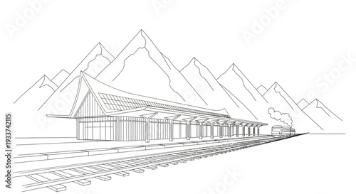 Mountain Train Station Line Art - Vintage Locomotive Arrival