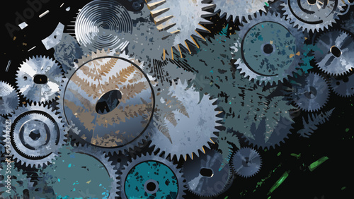 A macro close-up of vintage metal gears and cogs resting on old paper reveals the intricate mechanical clockwork mechanism and industrial engineering parts of an aged machine