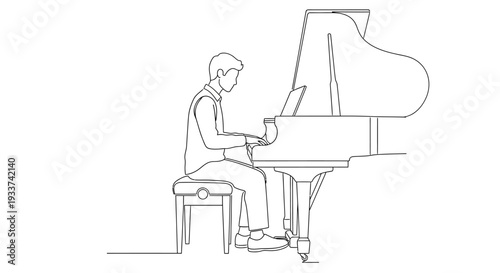 Musician Playing Grand Piano - Minimalist Line Art Illustration
