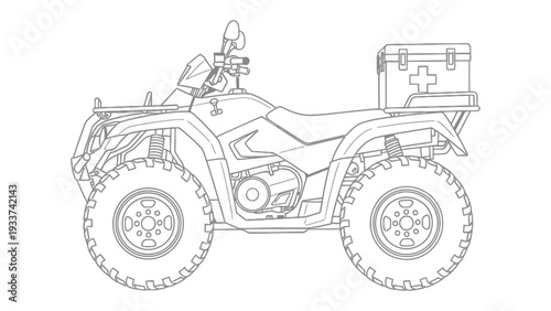Off-Road ATV with First Aid Kit: A detailed illustration of a robust all-terrain vehicle, equipped with a first aid kit, poised for exploration and emergency response.