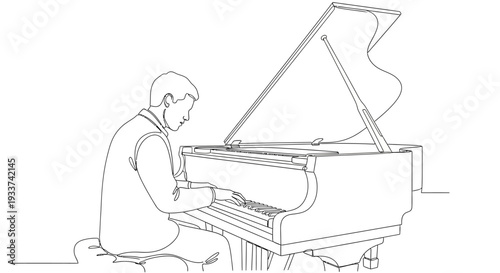 Musician Playing Grand Piano, Line Art Illustration