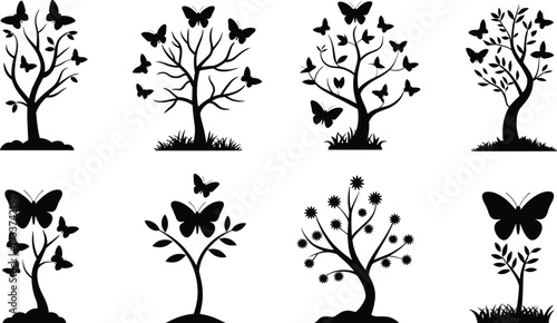 Tree silhouettes, butterfly designs, nature illustration, decorative elements, growth and transformation, whimsical artwork, floral branches, artistic catalog, outdoor inspiration, vector graphics