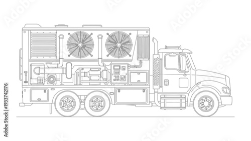 Industrial Refrigeration Truck: Detailed illustration of an industrial refrigeration truck, showcasing its complex engineering and specialized functions for temperature-controlled transport.