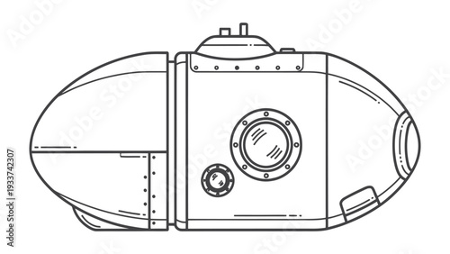 Submarine schematic : Detailed illustration of a futuristic, yet classic submarine, showcasing its robust design and portholes, ready for deep sea exploration and underwater adventure.