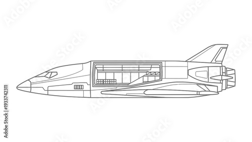 Space Shuttle Blueprint: A detailed technical blueprint illustration of a space shuttle, showcasing its intricate design and components.