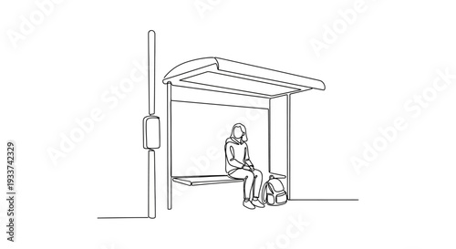 Person waiting at a minimalist bus stop shelter, line art illustration