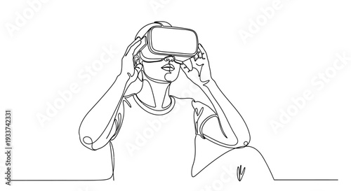 Person wearing VR headset, continuous line drawing, immersive technology experience