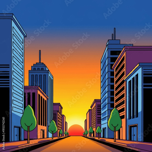 Vibrant Cityscape at Sunset with Modern Skyscrapers and Trees.