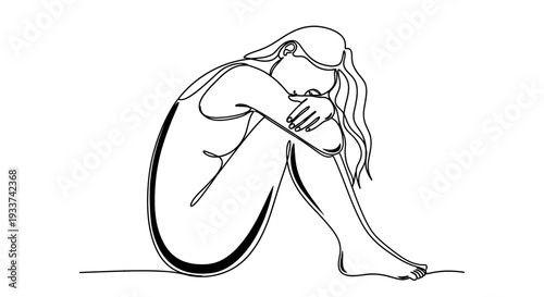 Sad Woman Sitting, One Line Drawing, Minimalist Art, Depression Concept