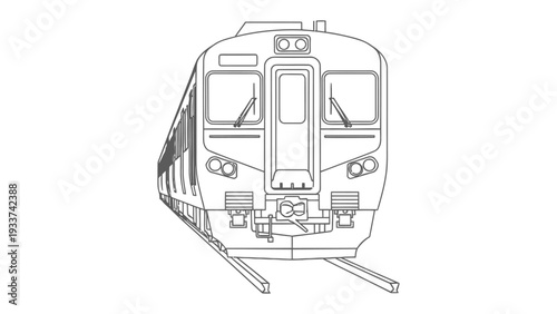 Front View of Modern Train: A clean line drawing presents a front-on perspective of a contemporary train, showcasing its streamlined design and robust structure.