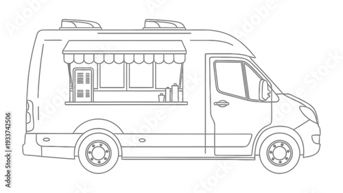 Culinary Vehicle on Wheels: A detailed line drawing of a food truck, showcasing its design and culinary purpose, ready to serve up deliciousness.